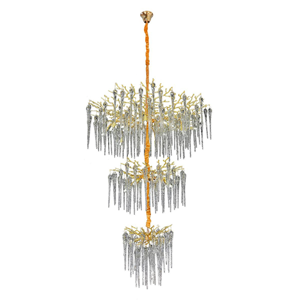 Apliqa Laura 3 Katlı Gold Kristal Taşlı Oturma Odası, Su Damlası Taşlı Salon Avize görseli 2