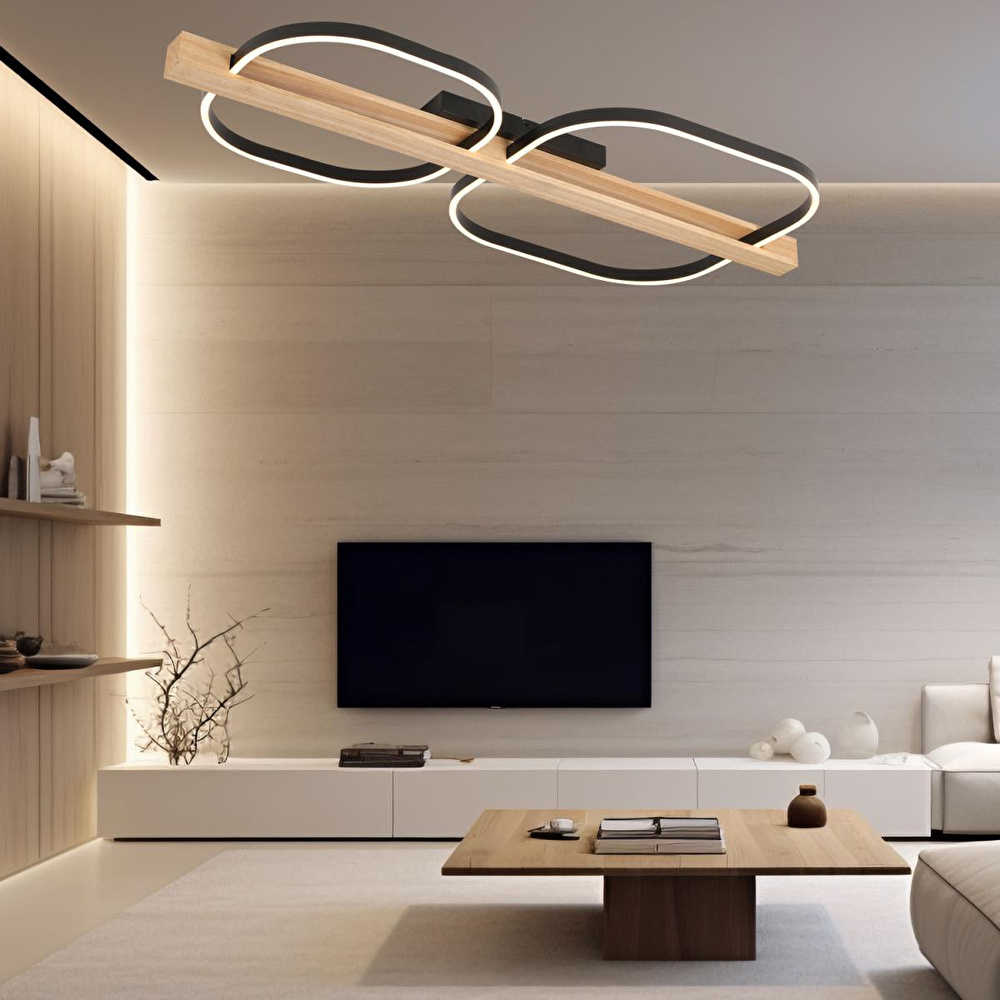 Apliqa Asrın Siyah 2'li Kare 100 Watt Plafonyer Ahşap Desenli Modern Salon Led Avize görseli 1