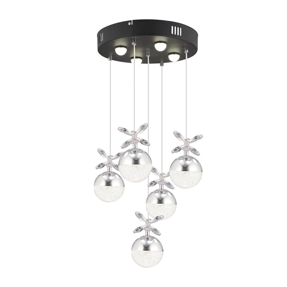 Apliqa Lokken 5'li Yuvarlak 42 Watt Krom Kristal Ledli Modern Oturma Odası Salon Sarkıt Avize görseli 2