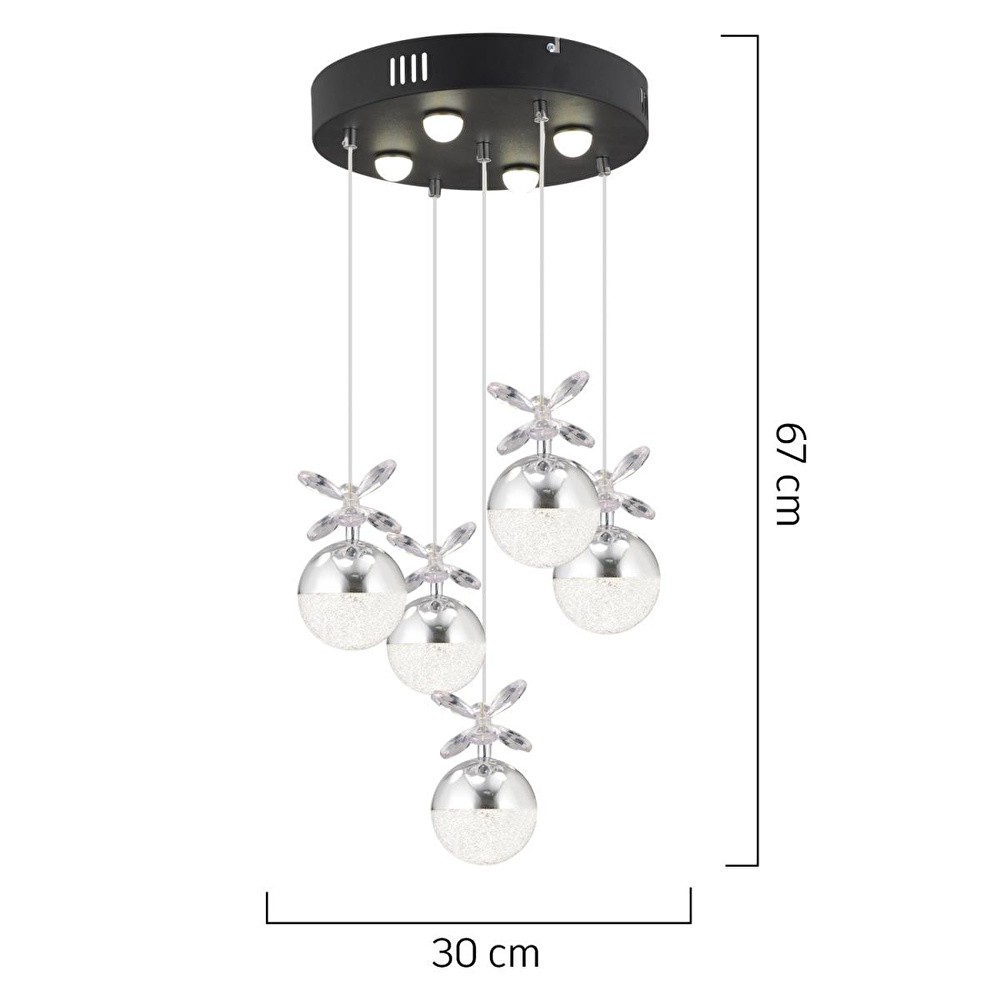 Apliqa Lokken 5'li Yuvarlak 42 Watt Krom Kristal Ledli Modern Oturma Odası Salon Sarkıt Avize görseli 5