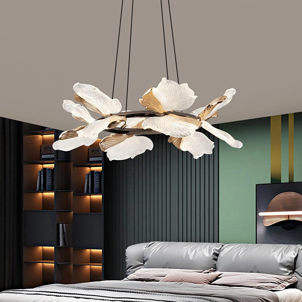 Apliqa Taran 50'lik Siyah Gold Çiçek Desenli 60 Watt Yuvarlak Modern Salon Led Avize görseli 1