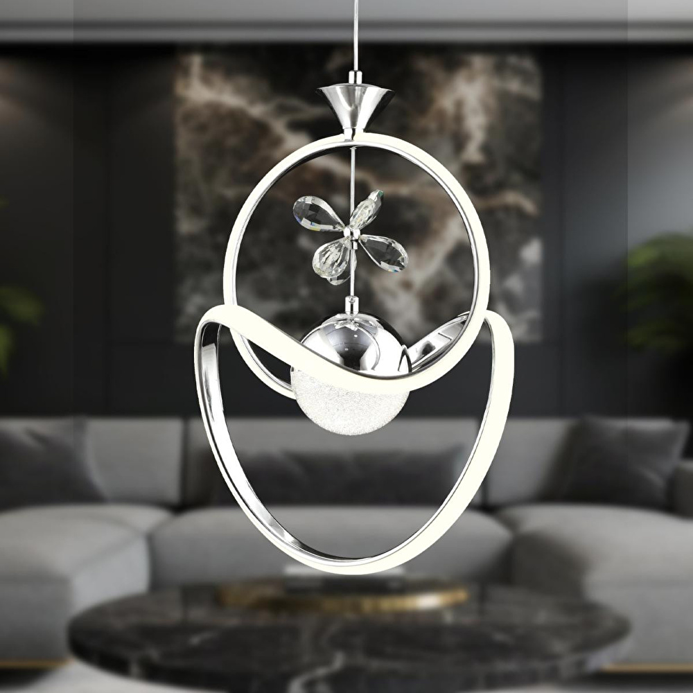 Apliqa Conroy Krom 3 Renkli 48 Watt Kristal Ledli Modern Oturma Odası Salon Sarkıt Avize görseli 1