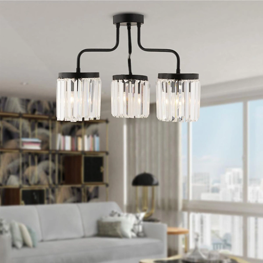 Apliqa Ayan 3lü Siyah Kristalli Taşlı Modern Tasarım Kristal Salon Avize görseli 1