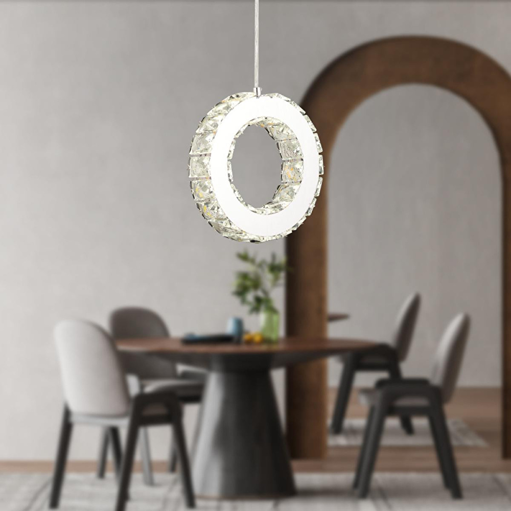 Apliqa Akanay Tekli Krom Ledli 3 Renkli Sarkıt Kristalli Taşlı Modern Tasarım Led Kristal Top Salon Avize görseli 1