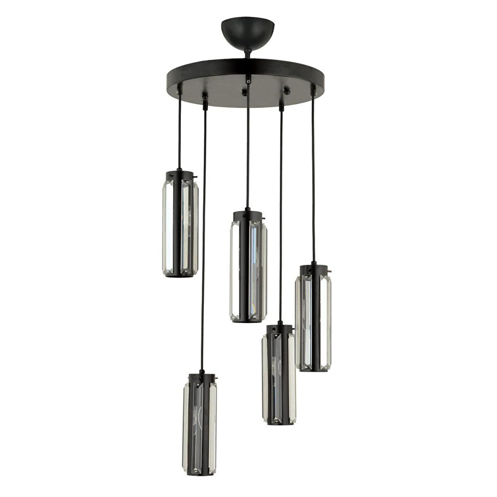 Apliqa Natali 5 Li Yuvarlak Siyah Modern Kristalli, Taşlı Modern Tasarım Kristal Salon Sarkıt Avize görseli 2