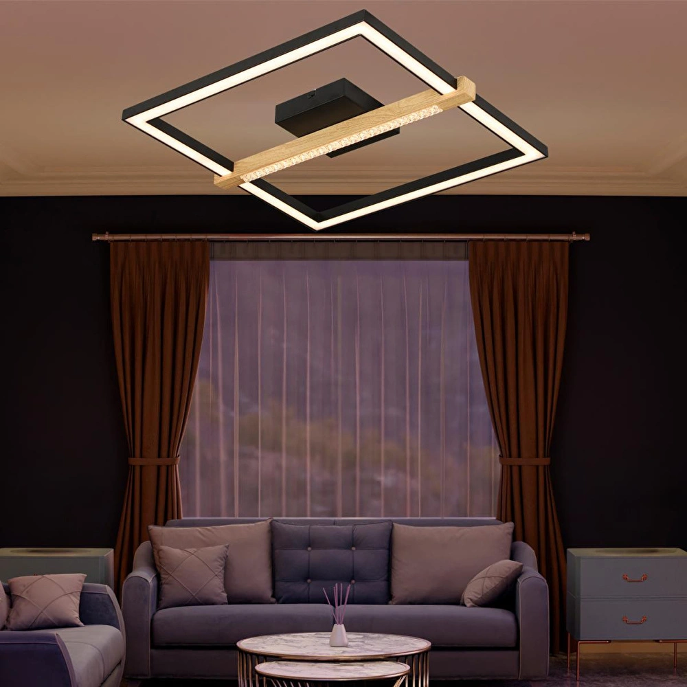 Apliqa April Siyah 58 Watt Plafonyer Kare Ahşap Desenli Modern Salon Led Avize görseli 1