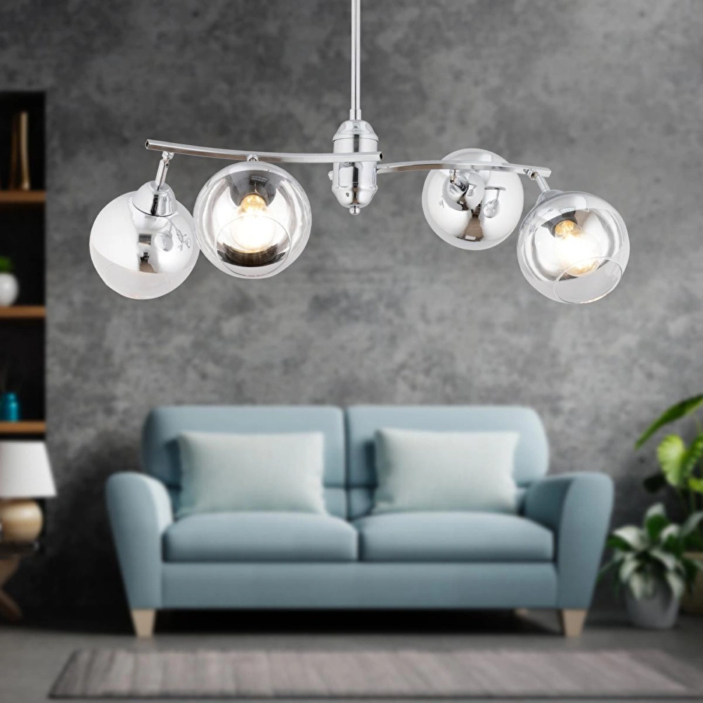 Apliqa Abbey 4'lü Krom Rengi Krom Camlı Yuvarlak Modern Oturma Odası Spot Salon Avize görseli 1