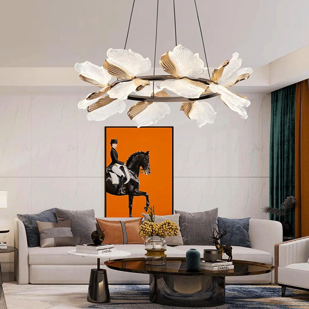 Apliqa Taran 60'lik Siyah Gold Çiçek Desenli 80 Watt Yuvarlak Modern Salon Led Avize görseli 1