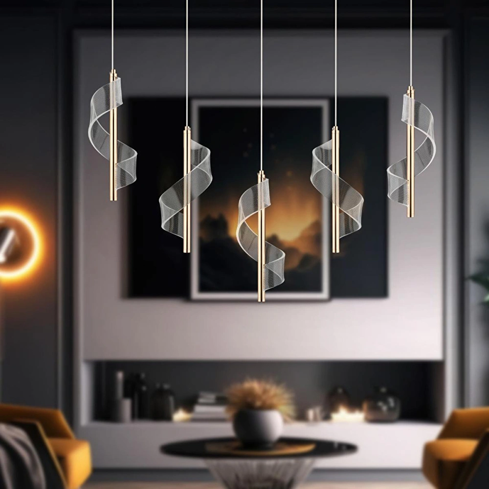Apliqa Jadon 5'li Sıralı 3 Renkli 40 Watt Gold Kristal Ledli Modern Oturma Odası Salon Sarkıt Avize görseli 1