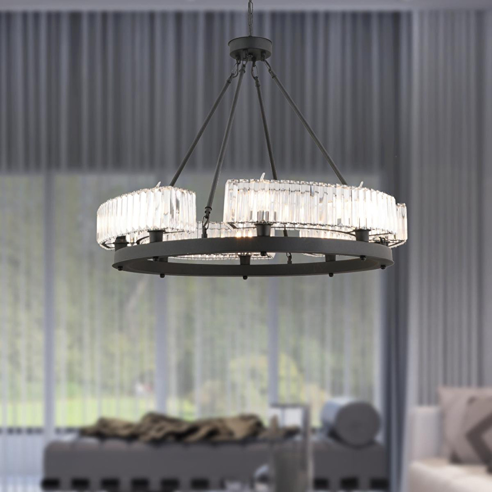 Apliqa Azalea 8li Siyah Kristalli Taşlı Modern Tasarım Kristal Büyük Salon Avize görseli 1