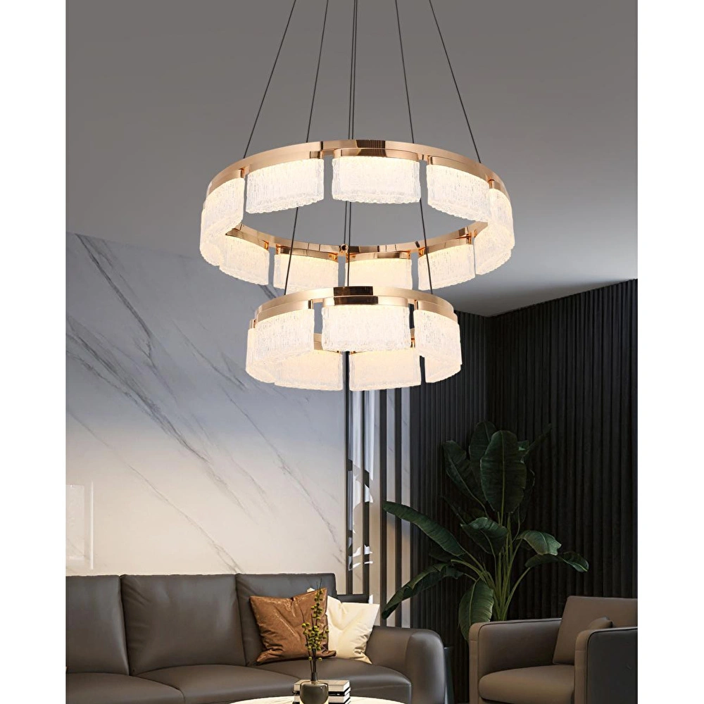 Apliqa Rosae 2 Katlı Gold Krisatal Yuvarlak Sarkıt Salon Led Avize görseli 1