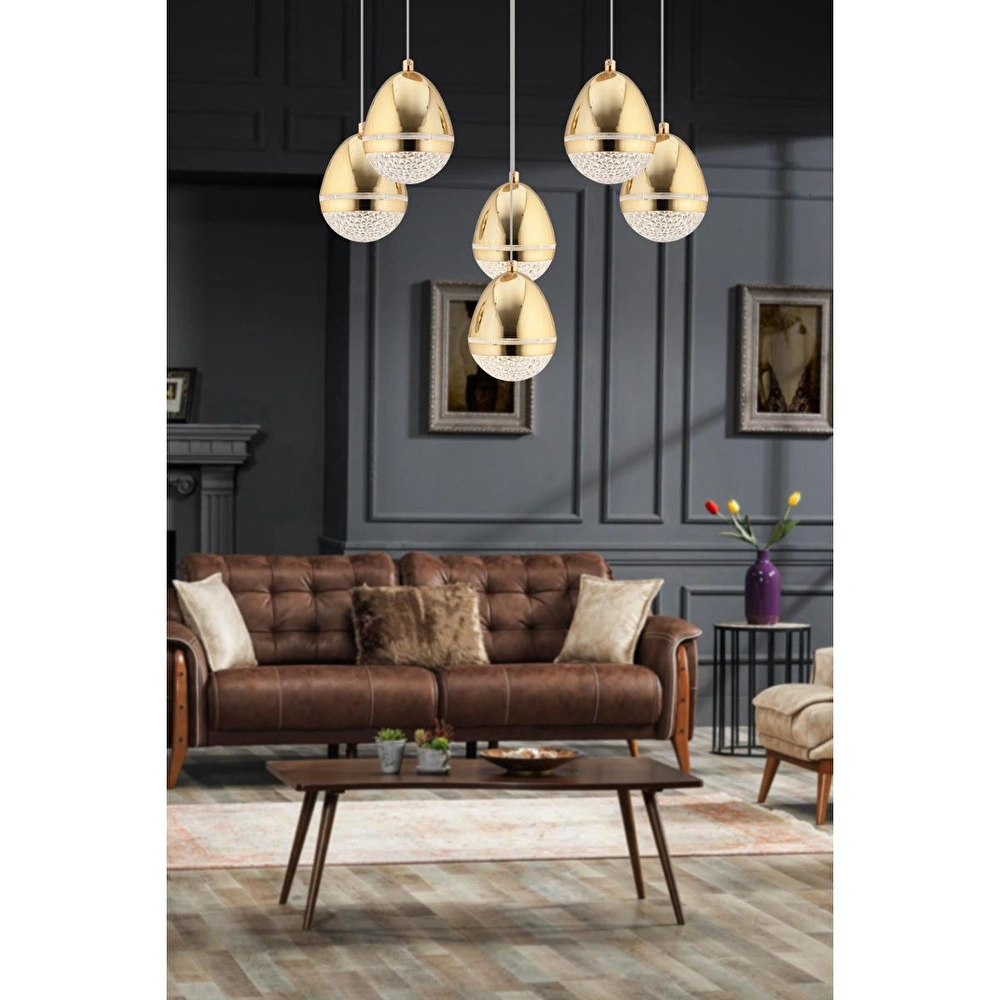Apliqa Amaya 6'lı Yuvarlak Gold Damla Başlıklı Modern Salon Led Avize görseli 1