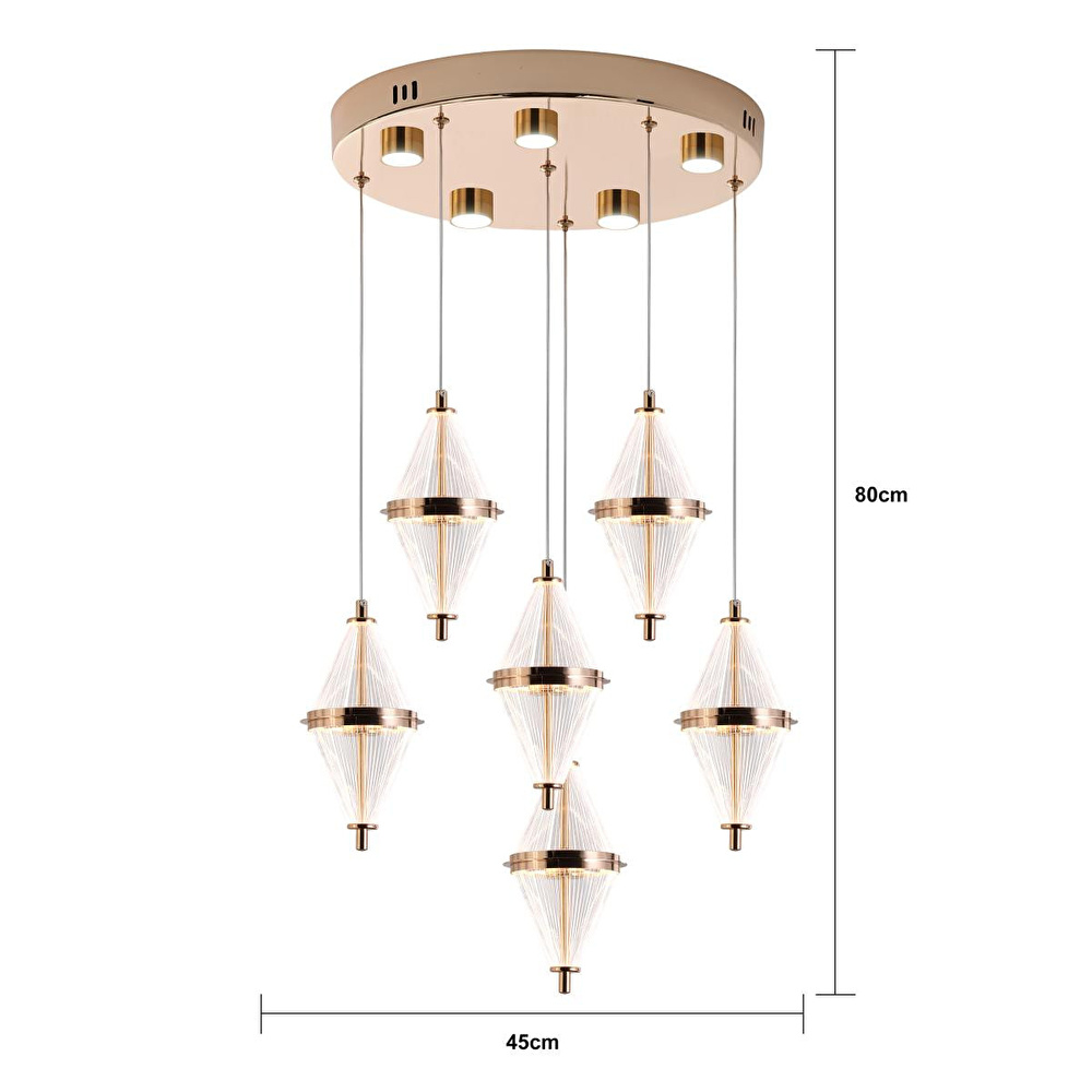 Apliqa Harold 6'lı 40 Watt Yuvarlak Gold Ledli Modern Salon Avize görseli 4
