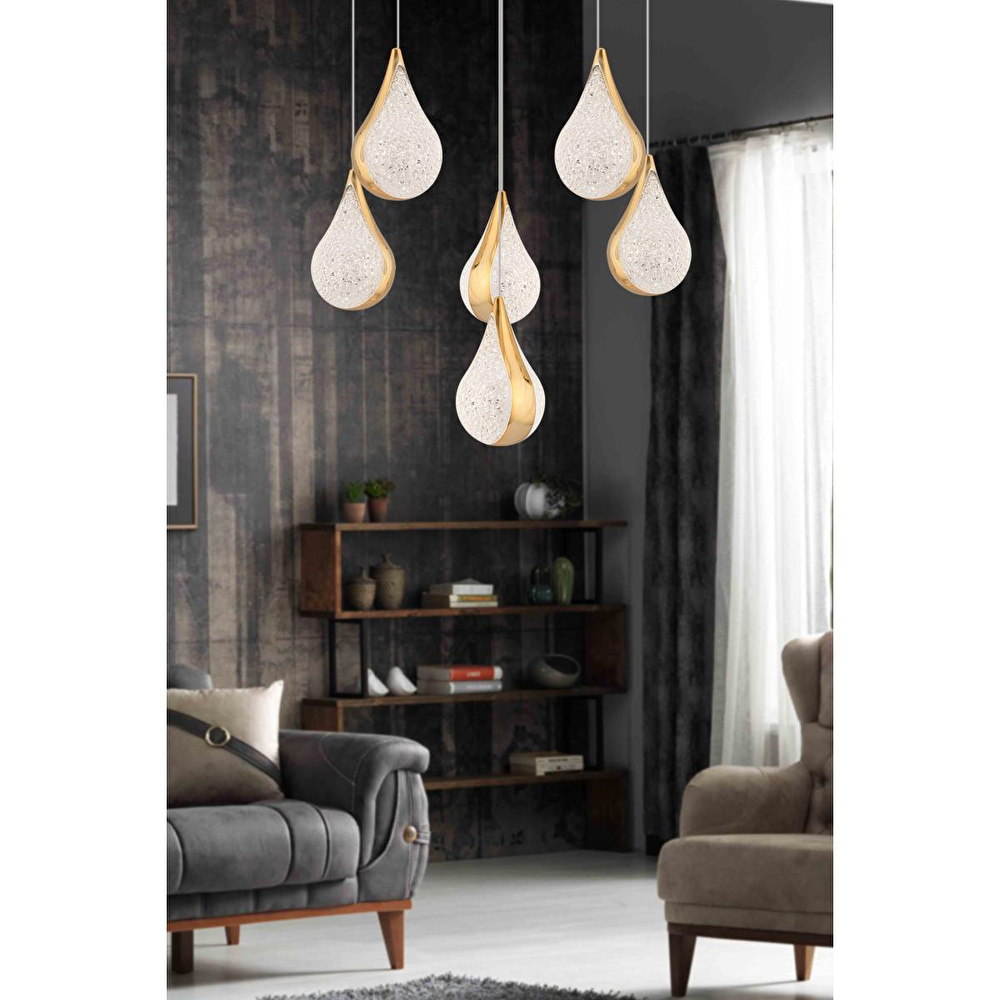 Apliqa Biana 6'lı Yuvarlak Gold Damla Başlıklı Modern Salon Led Avize görseli 1