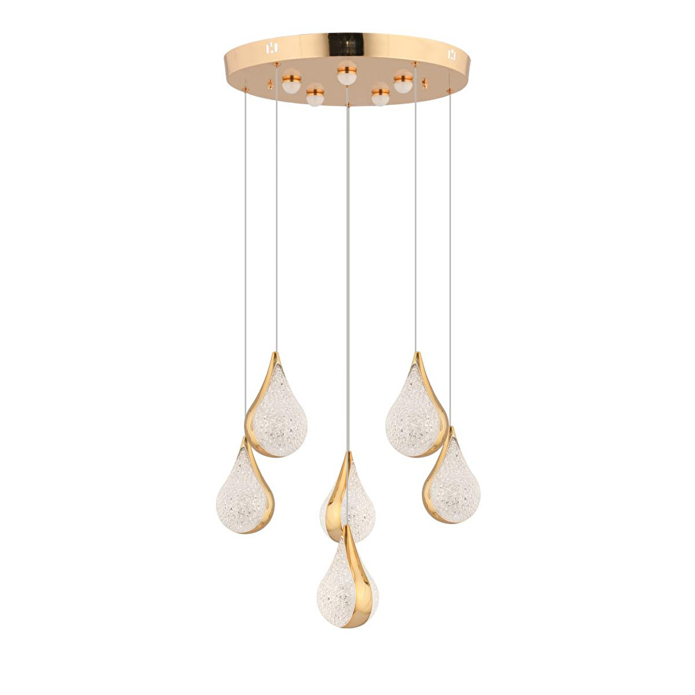 Apliqa Biana 6'lı Yuvarlak Gold Damla Başlıklı Modern Salon Led Avize görseli 3