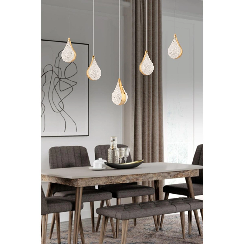Apliqa Biana 5'li Sıralı Gold Damla Başlıklı Modern Salon Led Avize görseli 1