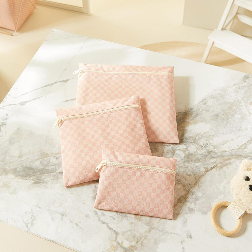 Ocean Home Textile 3'lü Su Geçirmez Pvc Astarlı Pembe Dama Desen Islak Kuru Çantası 20 X 13 / 24 X 20 / 30 X 24 Cm görseli 1