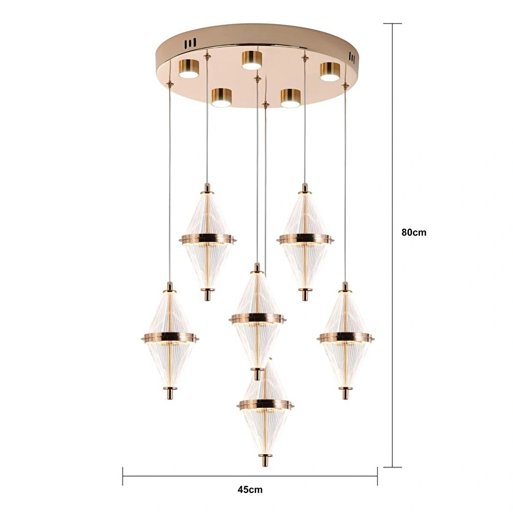Apliqa Edward 6'lı 70 Watt Yuvarlak Gold Ledli Modern Salon Avize görseli 4