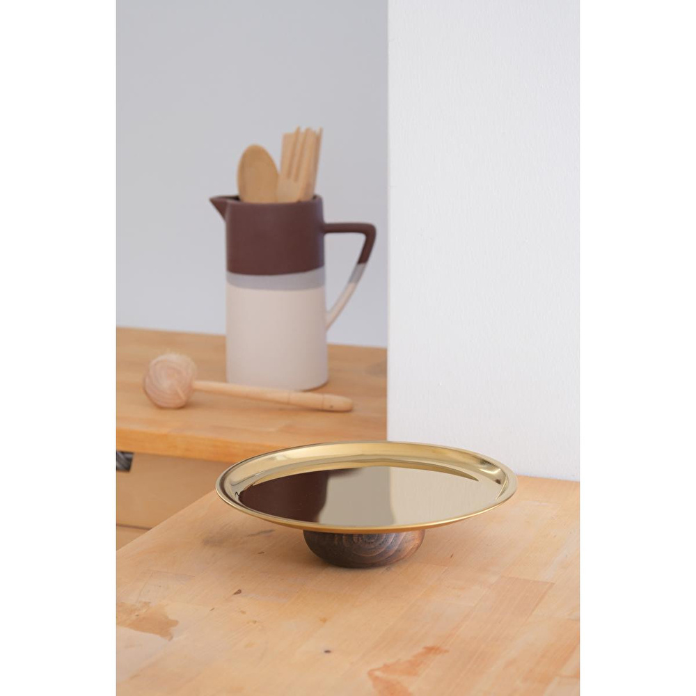 Beige & Stone Ahşap Tabanlı Gold 23 Cm Yuvarlak Servis/sunum Tabak Dekoratif Stand görseli 1