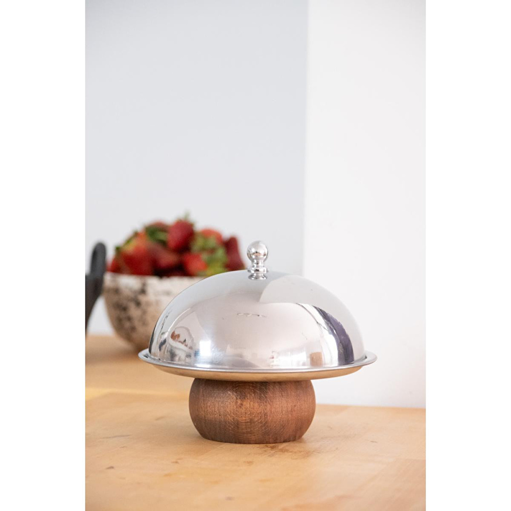 Beige & Stone Çelik Tatlı Meyve Sunum Fanus 16 Cm & Ahşap Ayaklı Metal Stand 18 Cm görseli 4