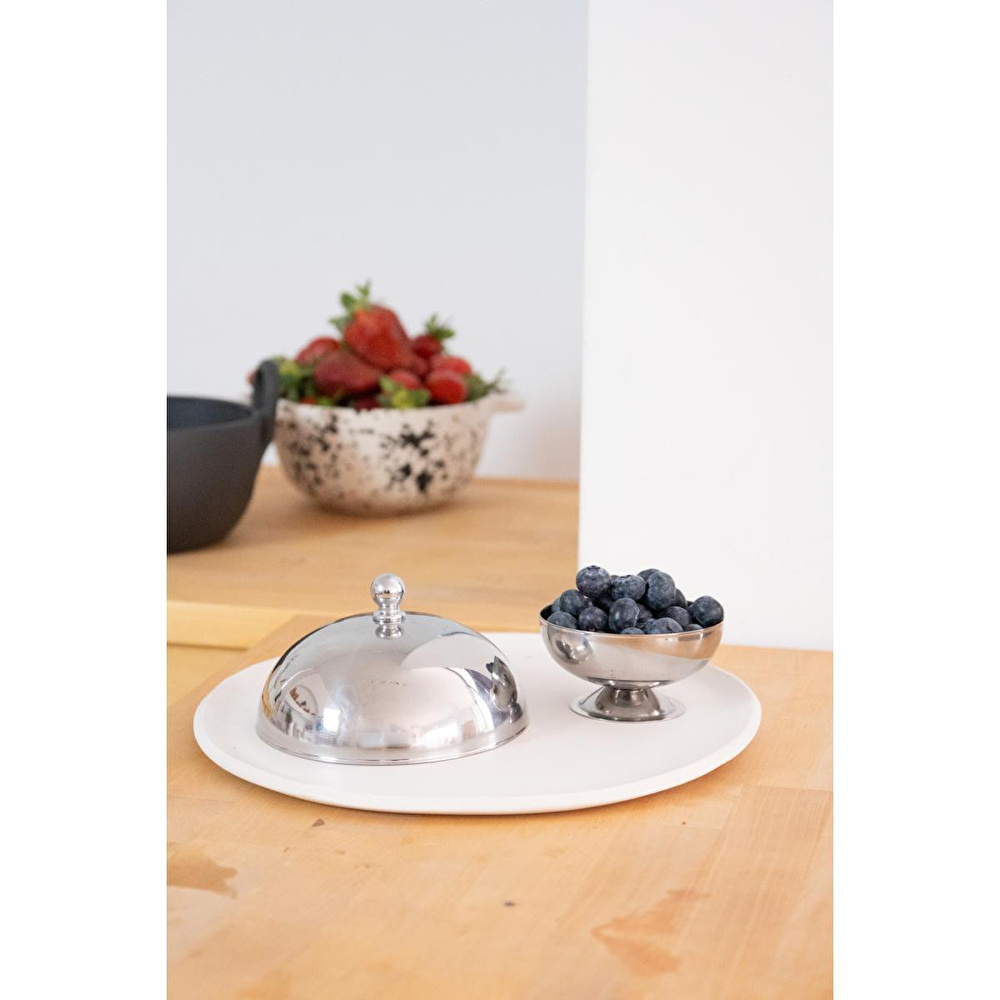 Beige & Stone Paslanmaz Çelik Tatlı Pasta Meyve Sunum Fanus – 13 Cm görseli 6