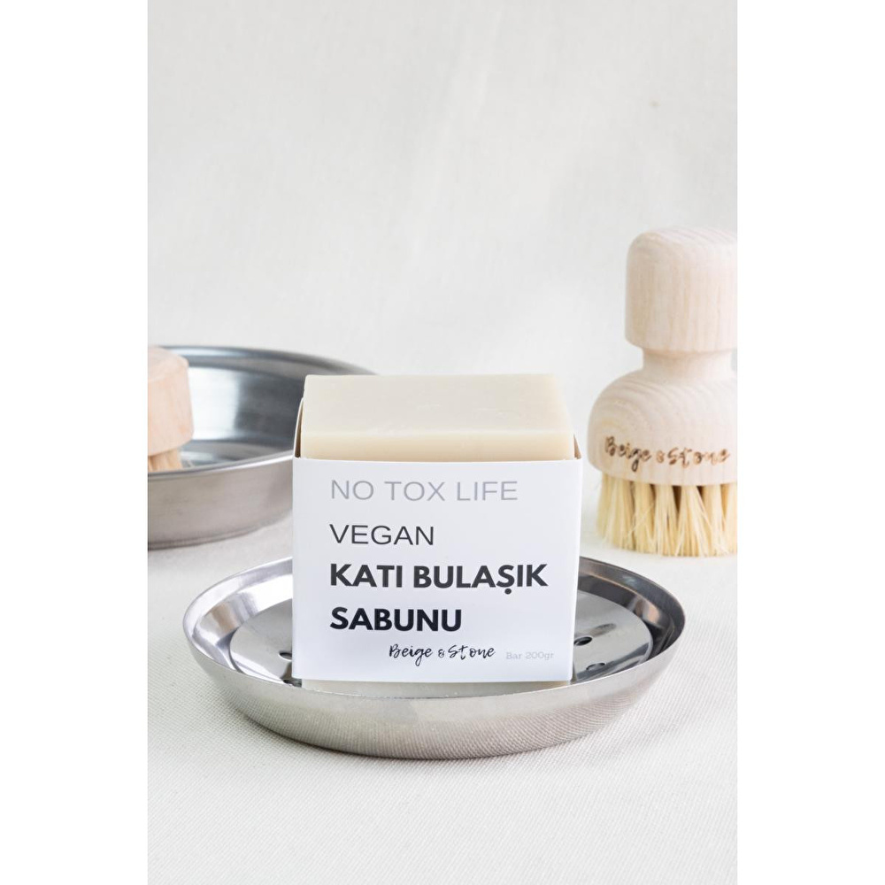Beige & Stone Doğal Mutfak Seti | 11,5 Cm Çelik Sabunluk & Zeytinyağlı Katı Bulaşık Sabunu 200 Gr görseli 2