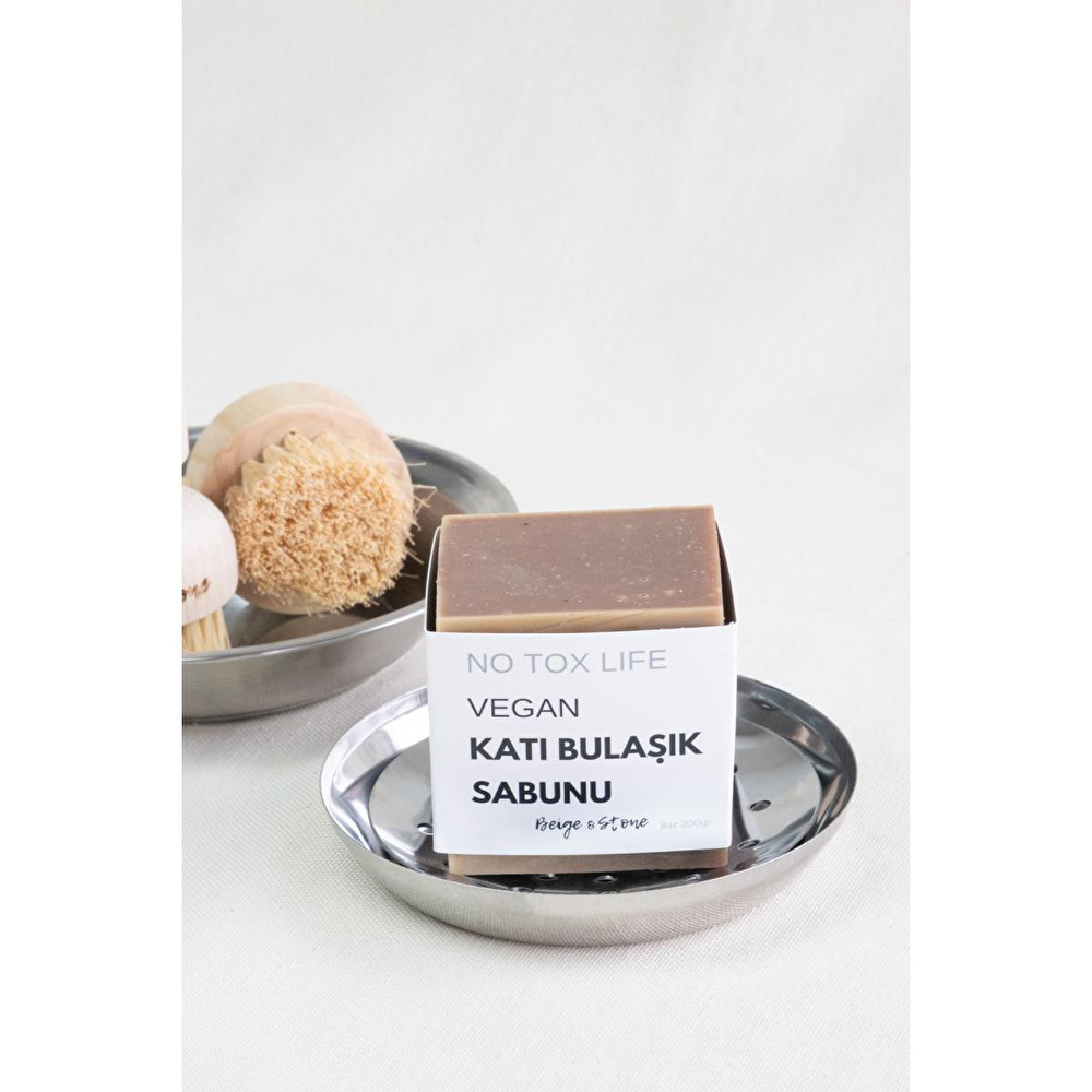 Beige & Stone Doğal Mutfak Seti | 11,5 Cm Çelik Sabunluk & Sandal Ağacı Yağlı Katı Bulaşık Sabunu 200 Gr görseli 1
