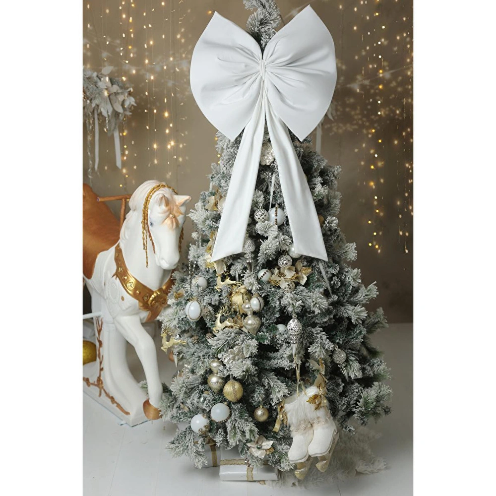 Beige & Stone Kurdele Yıllbaşı Ağaç Süs Noel Beyaz Fiyonk 55x50 Cm Büyük görseli 1