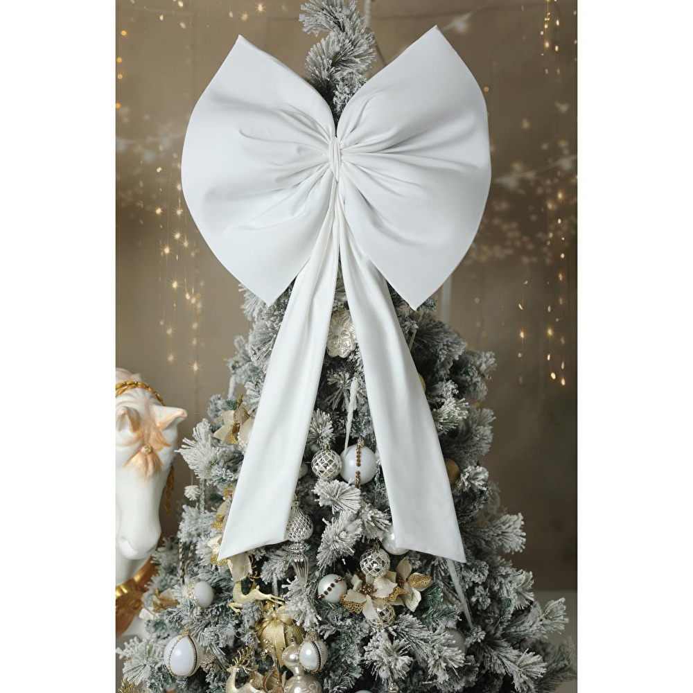 Beige & Stone Kurdele Yıllbaşı Ağaç Süs Noel Beyaz Fiyonk 55x50 Cm Büyük görseli 2