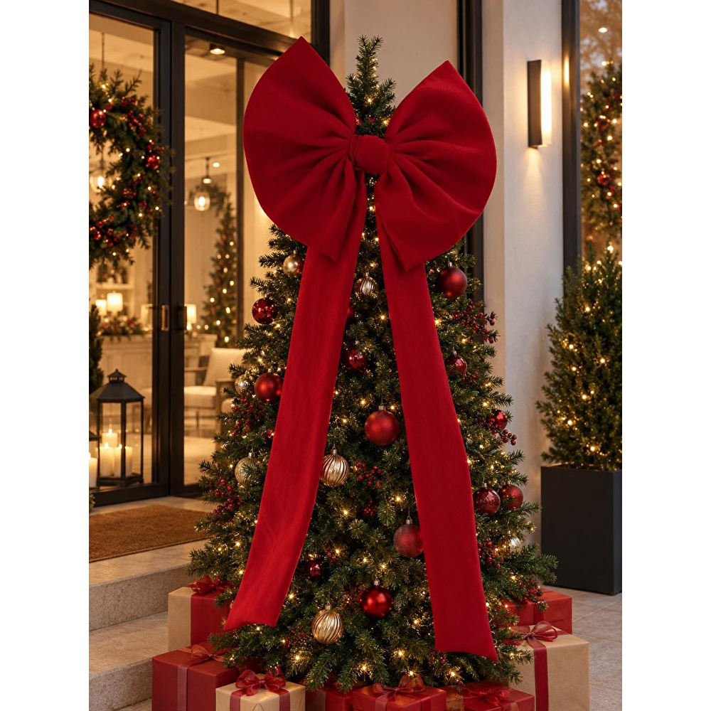 Beige & Stone Kurdele Yıllbaşı Ağaç Süs Noel Dev Kırmızı Fiyonk 60x120 Cm görseli 4