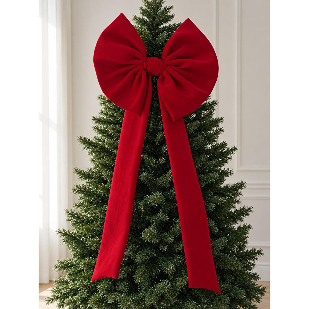 Beige & Stone Kurdele Yıllbaşı Ağaç Süs Noel Dev Kırmızı Fiyonk 60x120 Cm görseli 2