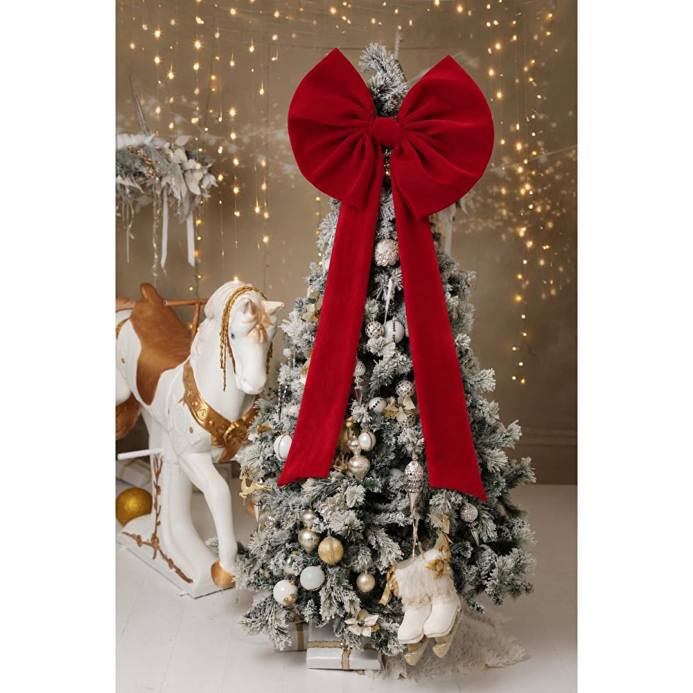 Beige & Stone Kurdele Yıllbaşı Ağaç Süs Noel Dev Kırmızı Fiyonk 60x120 Cm görseli 3