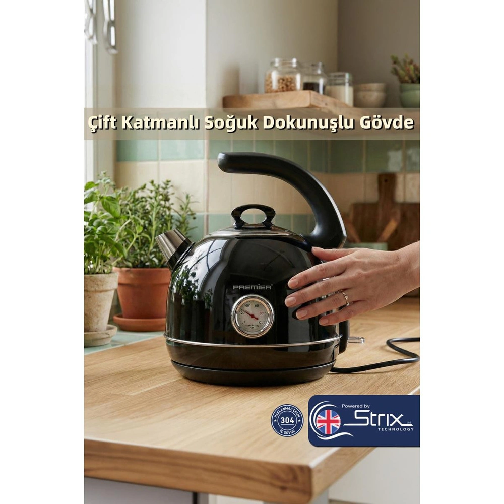 Premier Prk 1215c Retro Tasarımlı Analog Göstergeli Paslanmaz Çelik Hazneli Su Isıtıcısı Cool Touch Kettle Siyah Renk görseli 2