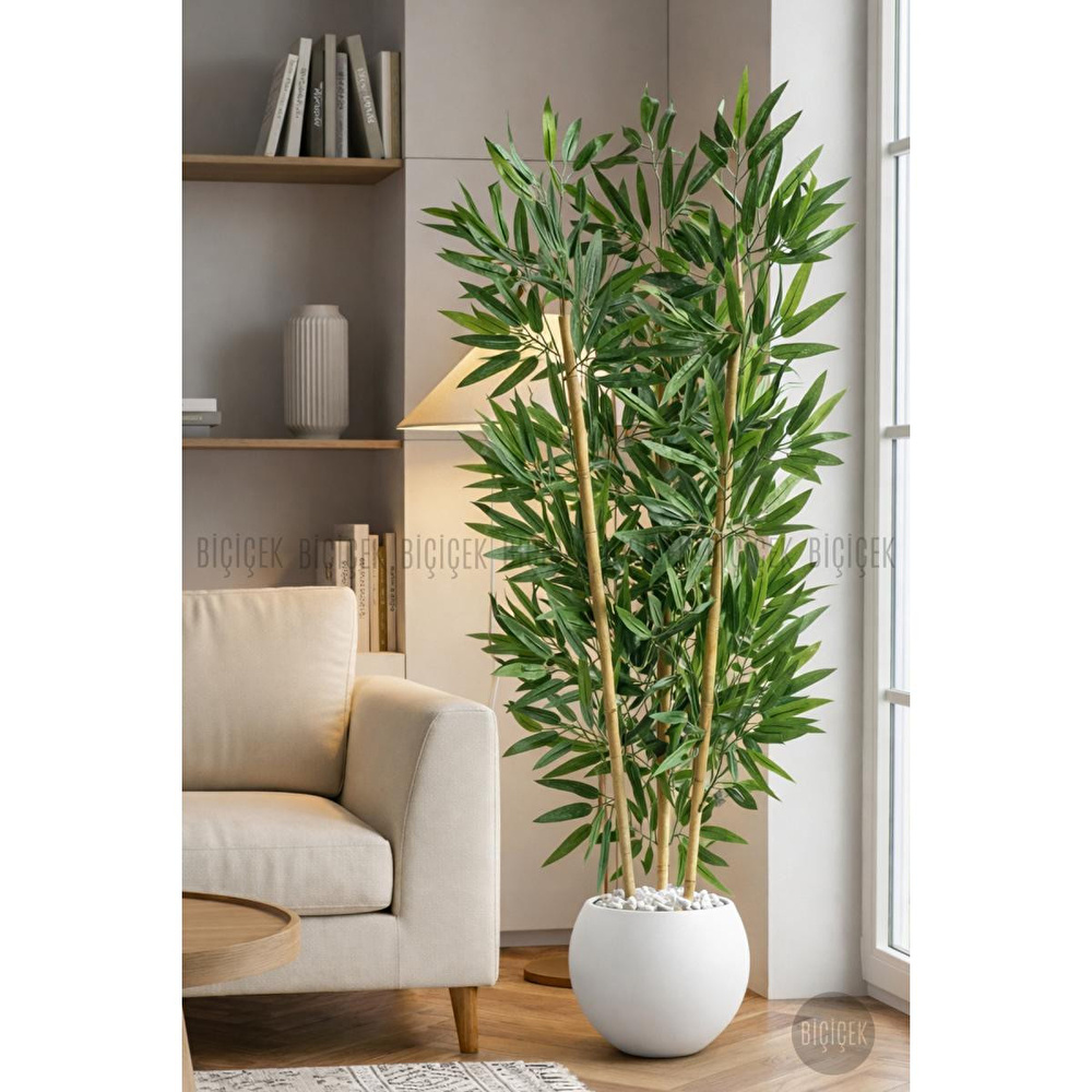 Biçiçek 125cm Yapay Bambu Ağaci Küre Saksida Beyaz görseli 3