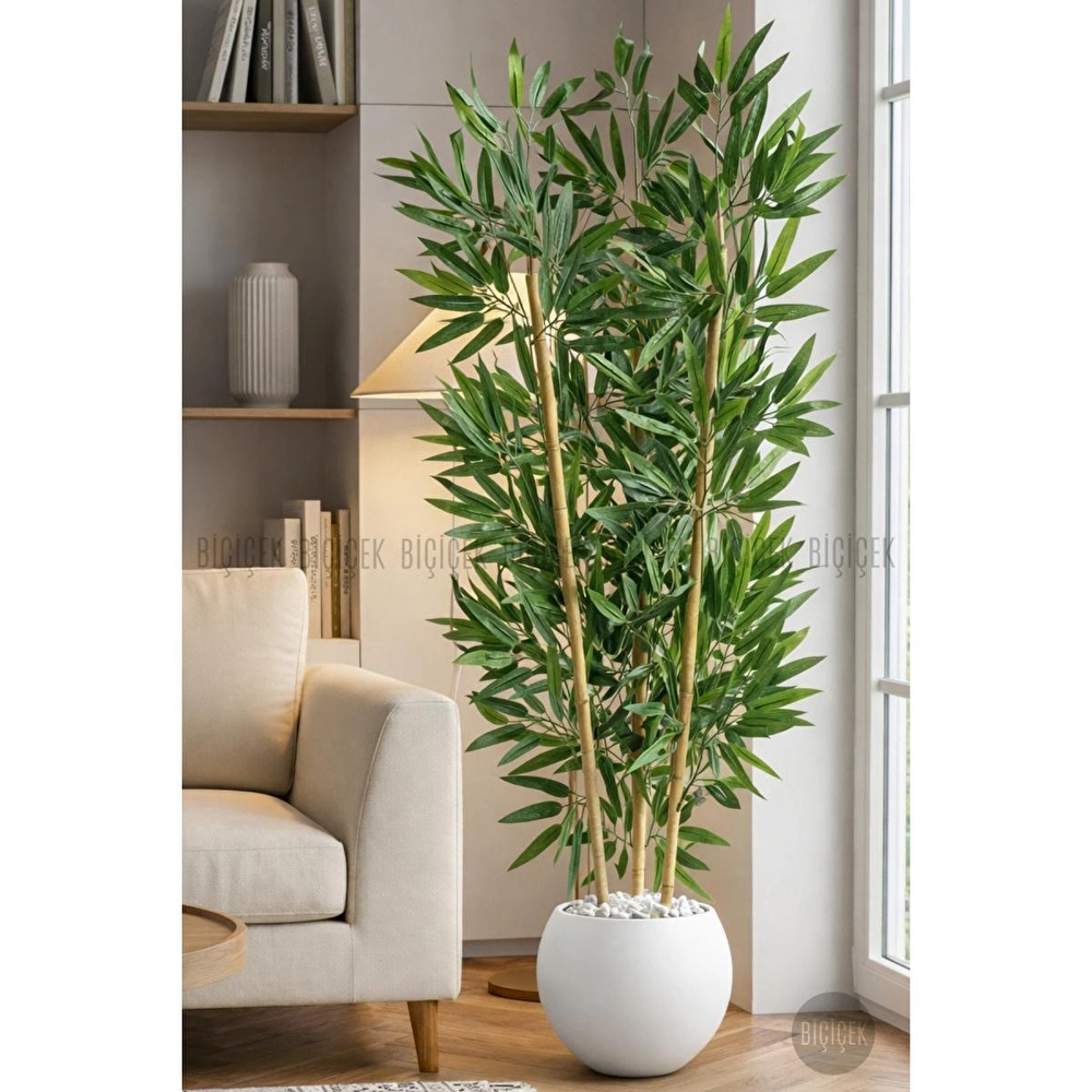 Biçiçek 125cm Yapay Bambu Ağaci Küre Saksida Beyaz görseli 2