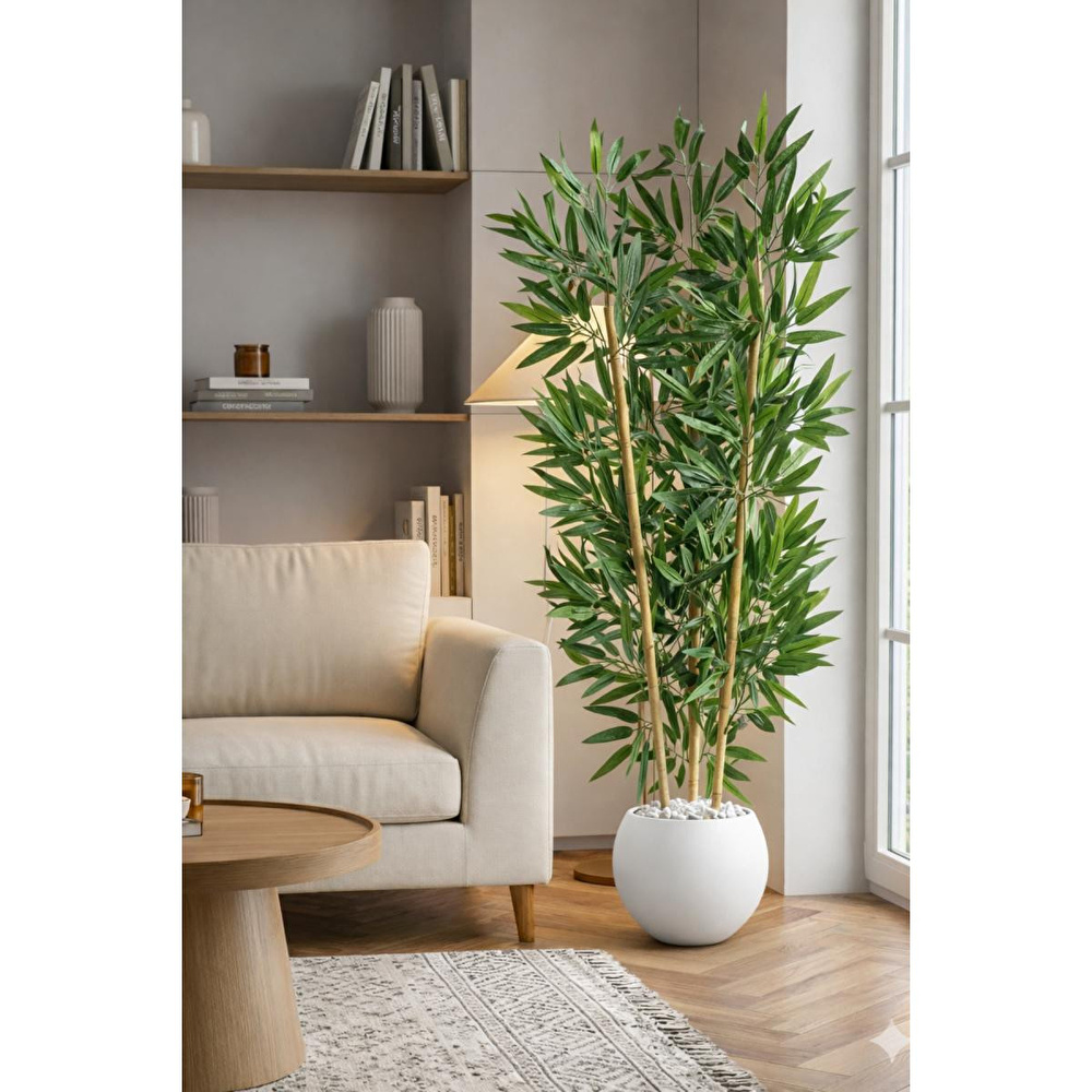 Biçiçek 125cm Yapay Bambu Ağaci Küre Saksida Beyaz görseli 4
