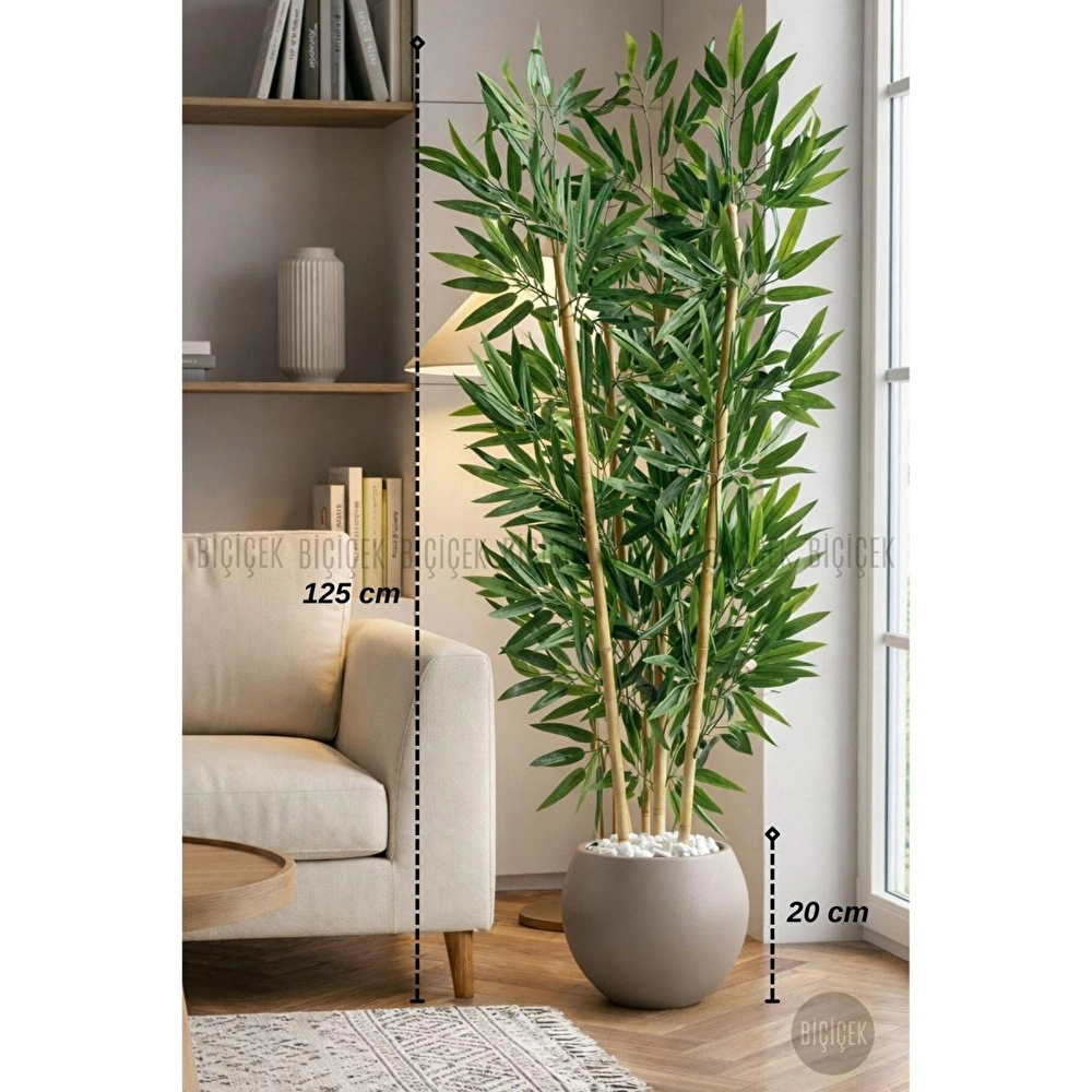 Biçiçek 125cm Yapay Bambu Ağaci Küre Saksida Kahverengi görseli 1