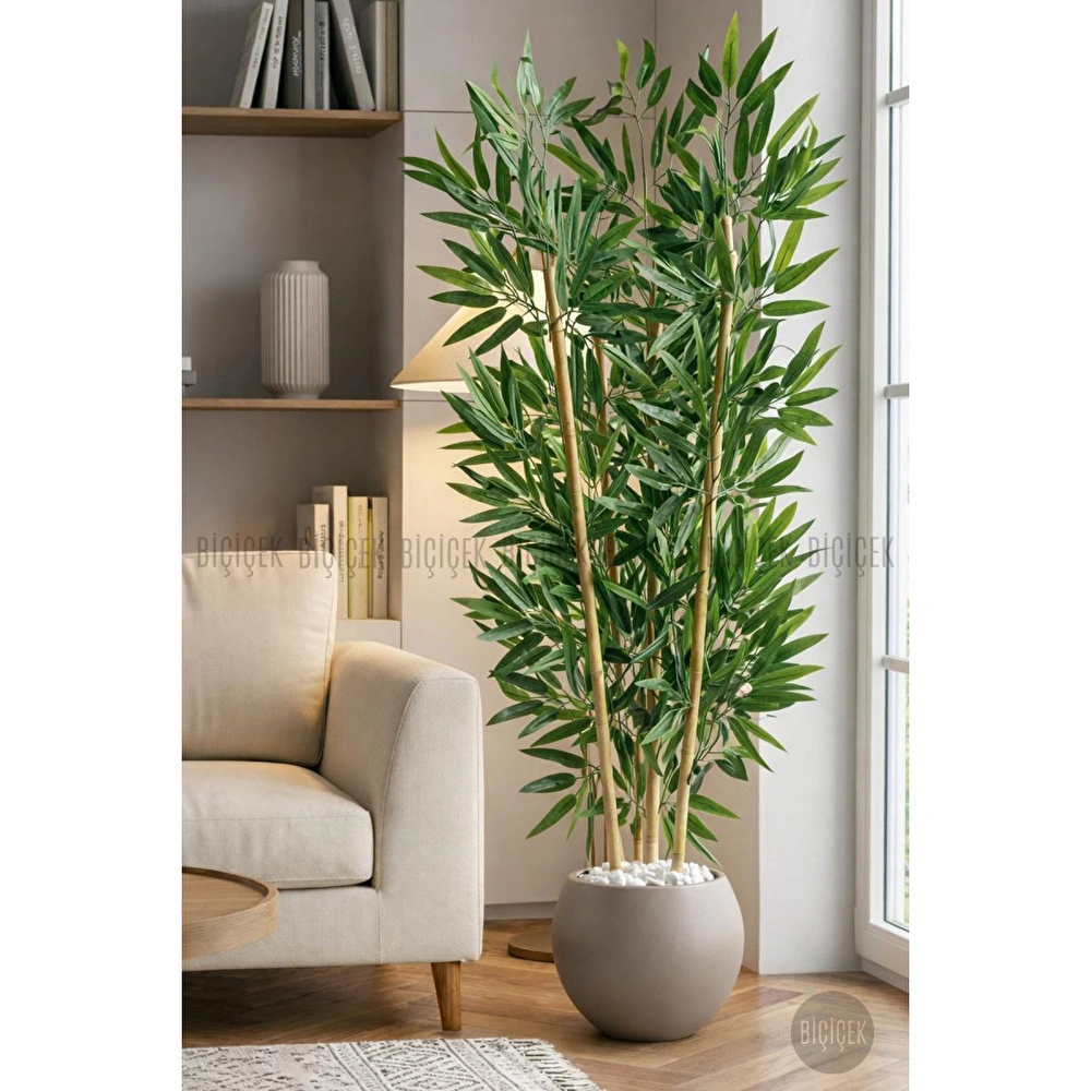 Biçiçek 125cm Yapay Bambu Ağaci Küre Saksida Kahverengi görseli 3