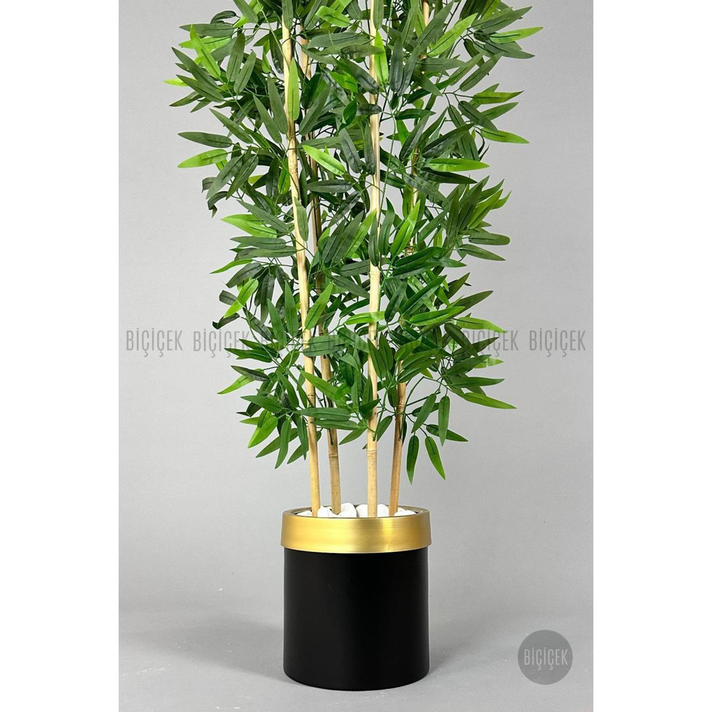 Biçiçek Yapay Bambu Ağacı 140cm Siyah Gold Metal Saksıda görseli 3