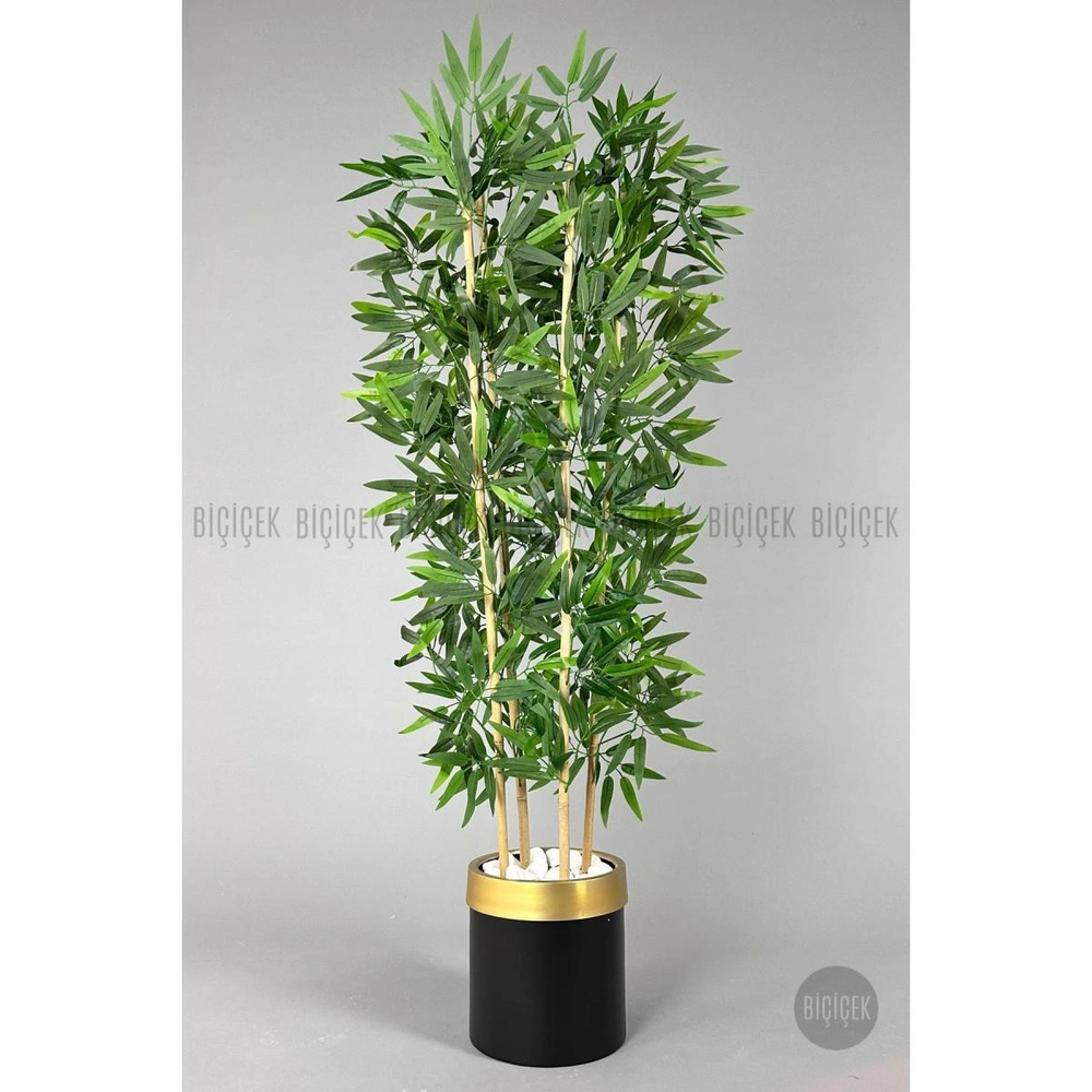 Biçiçek Yapay Bambu Ağacı 140cm Siyah Gold Metal Saksıda görseli 1