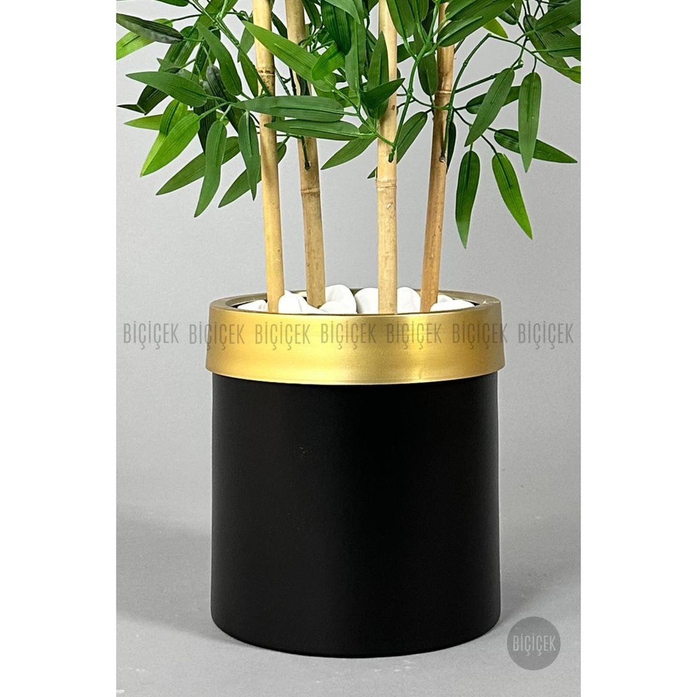 Biçiçek Yapay Bambu Ağacı 140cm Siyah Gold Metal Saksıda görseli 4