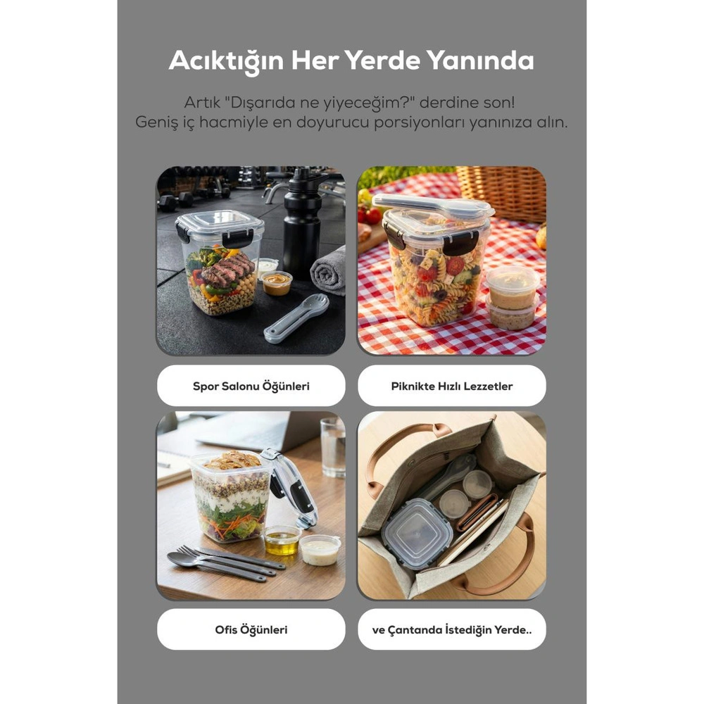 Vienev Kilitli Kapak 1075ml Yemek Saklama Kabı - 2 Sosluk Ve Kaşık Setli Pratik Öğün Kabı görseli 5