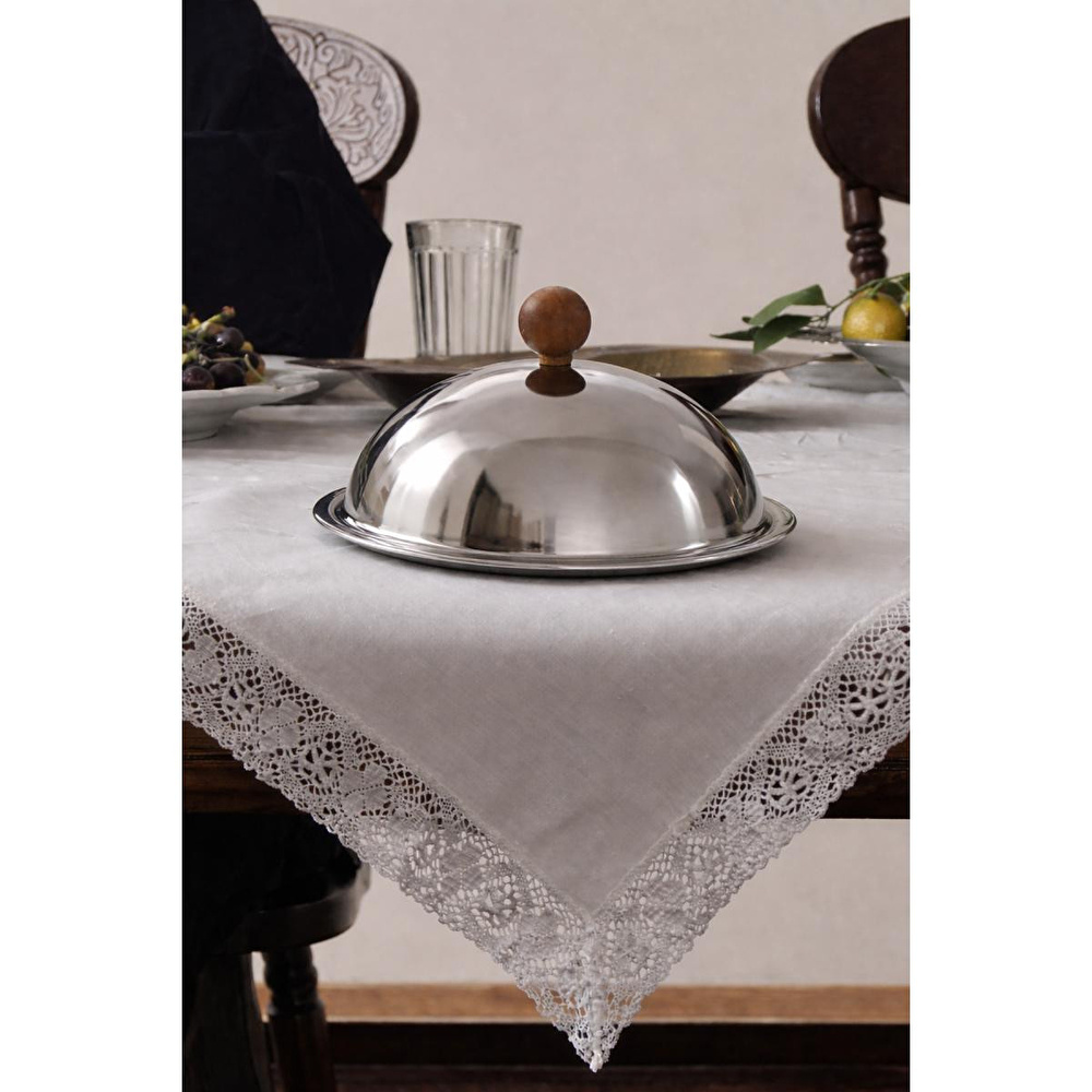 Beige & Stone Ahşap Kulplu Fanus Paslanmaz Çelik Gümüş 18 Cm Tabaklı Kek Pasta Sunum Stand Tepsi görseli 1