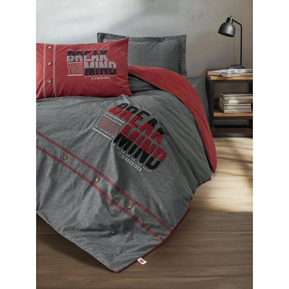 Cotton Box Mood Nakışlı Ranforce Tek Kişilik Nevresim Takımı Fracto Bordo görseli 1