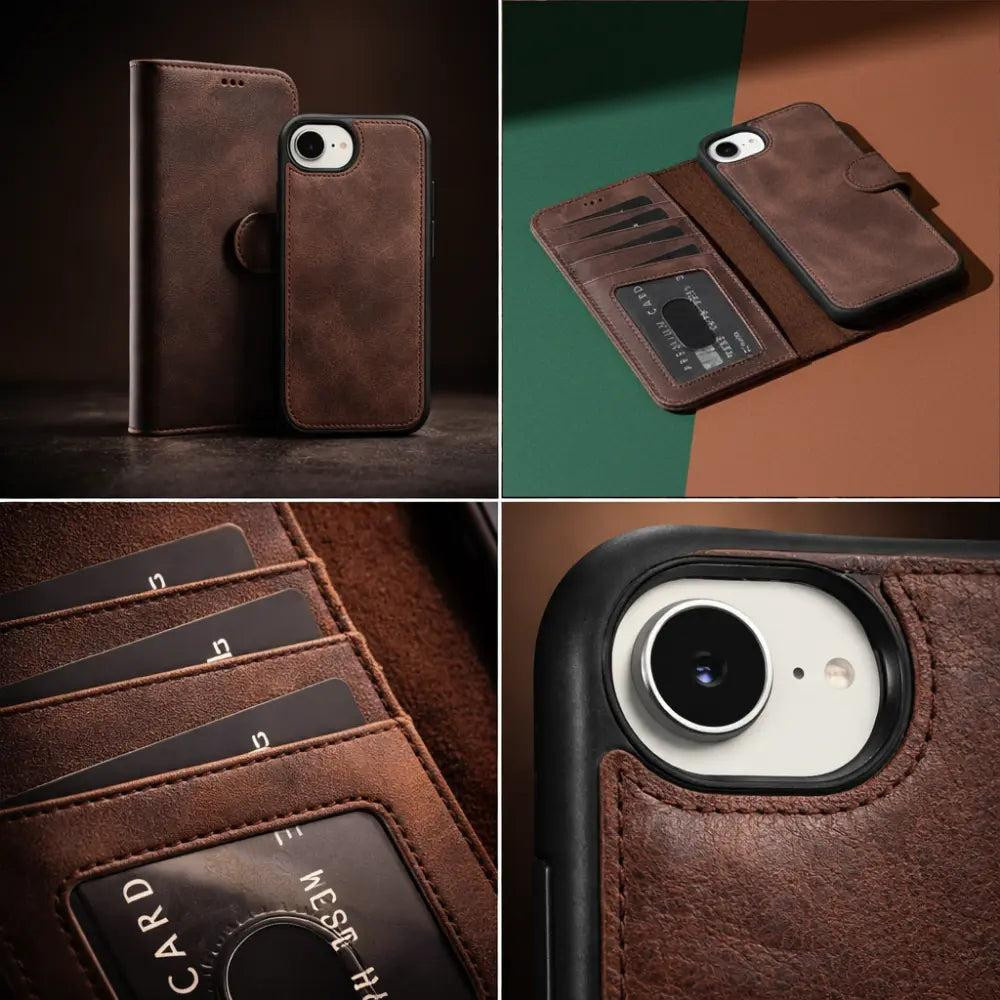 Bloominbag Bloomcase Magic Wallet Dark Brown Apple Iphone 17e / 16e (6.1") Hakiki Deri Çıkarılabilir Cüzdanlı Telefon Kılıfı görseli 2