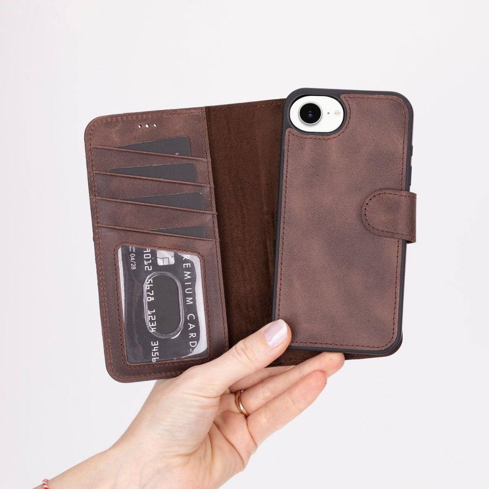 Bloominbag Bloomcase Magic Wallet Dark Brown Apple Iphone 17e / 16e (6.1") Hakiki Deri Çıkarılabilir Cüzdanlı Telefon Kılıfı görseli 3