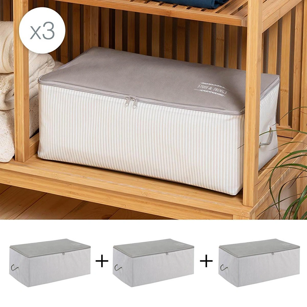 Ocean Home Textile 3'lü Orta Boy Gri Çizgili Stuff & Things Hurç Set 52 X 28 X 21 Cm görseli 1