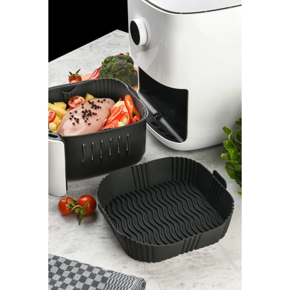 Vienev Kare Silikon Pişirme Kalıbı Hava Fritözü Kalıbı Airfryer Aksesuar Tüm Fritözlere Uyumlu Siyah görseli 3