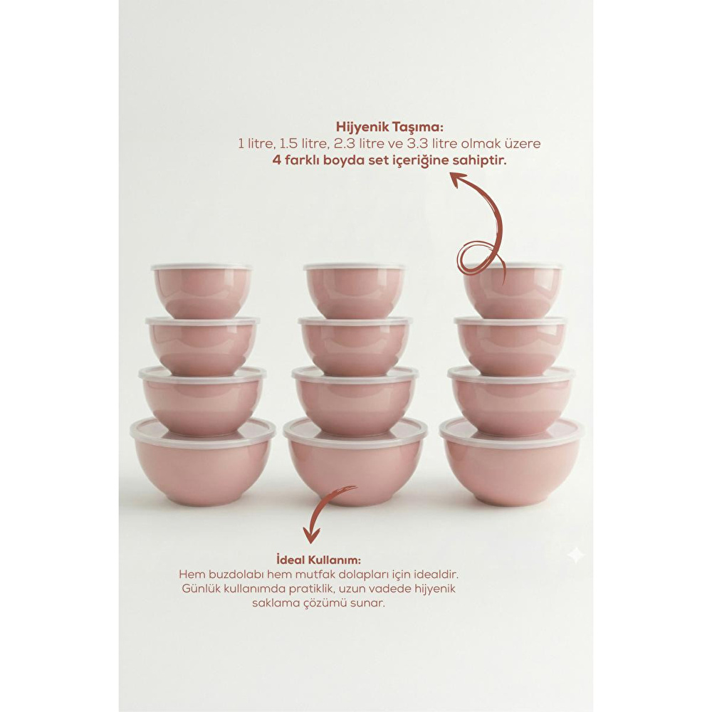 Vienev 12'li Yuvarlak Kase Seti Pembe | 1l, 1.5l, 2.3l, 3.3l | Kapaklı Çok Amaçlı Mutfak Saklama Kabı görseli 4