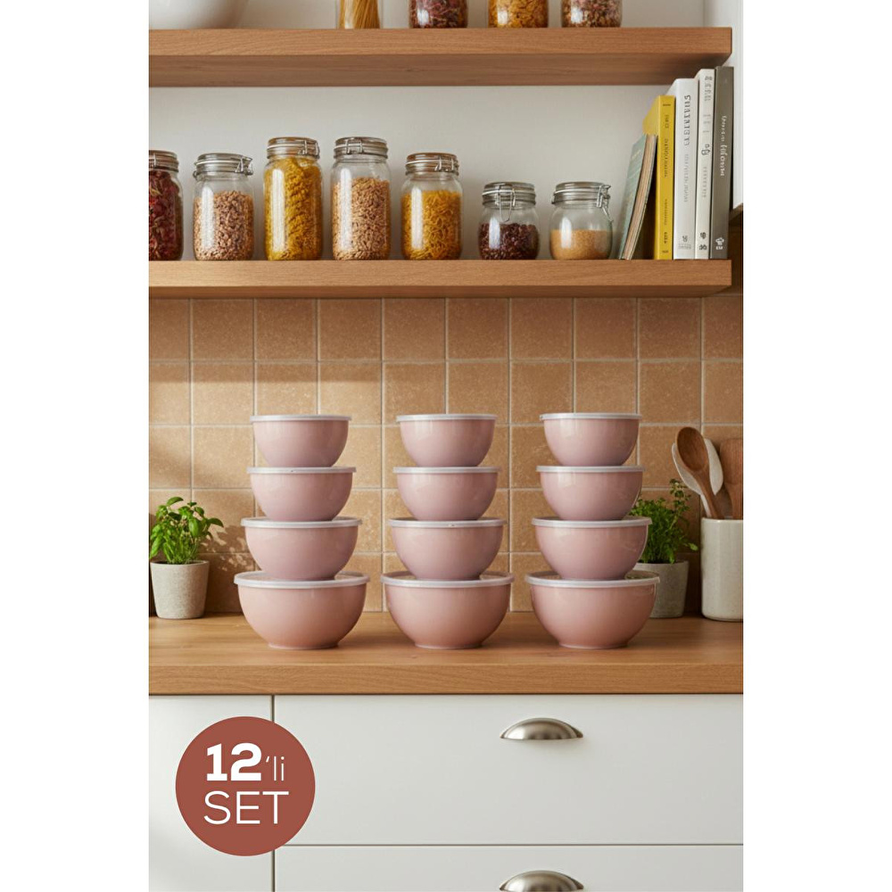 Vienev 12'li Yuvarlak Kase Seti Pembe | 1l, 1.5l, 2.3l, 3.3l | Kapaklı Çok Amaçlı Mutfak Saklama Kabı görseli 1